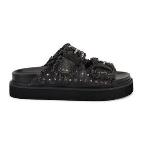 Nine West Eleny Buckle Slide Sandals Black Frayed Denim Studded Size 8 NWOB